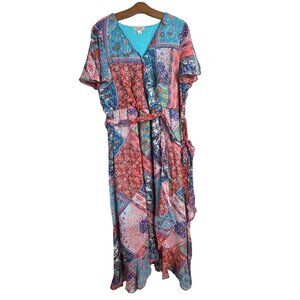 white christmas dresses Patchwork Boho Denim Midi Dress with Ruffle Hem Latte / Medium main image 0